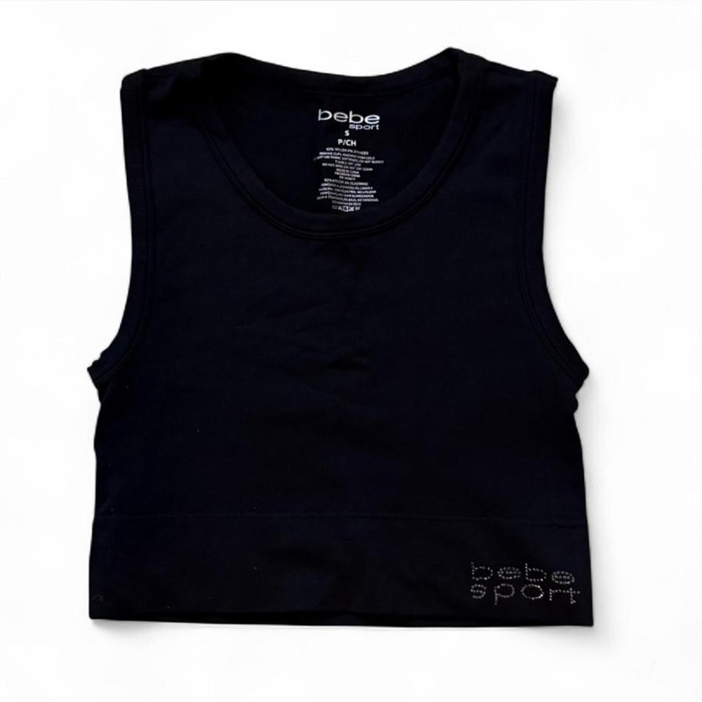 Black Bebe Sport Crop Tank Top With Bebe Crystal Logo